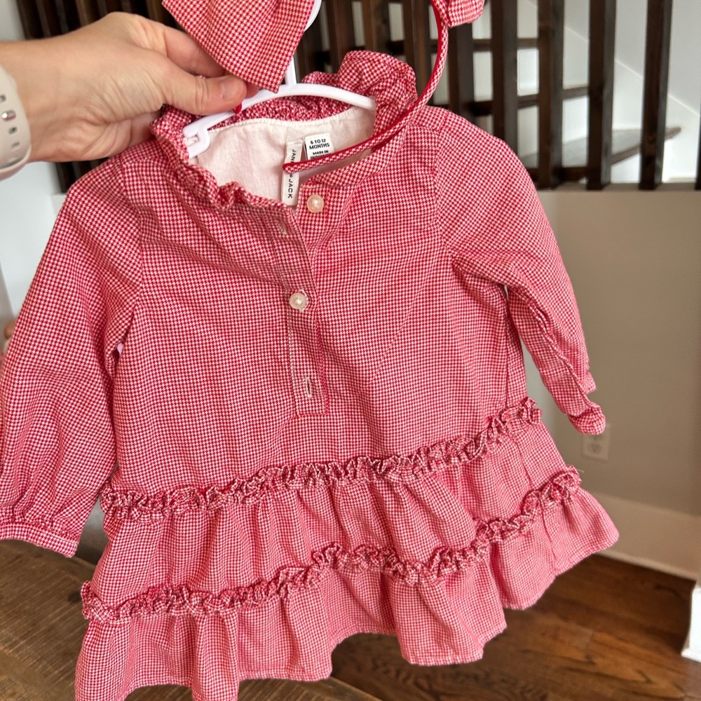 Red Gingham Baby Dress with Ruffles and headband 6-12 month